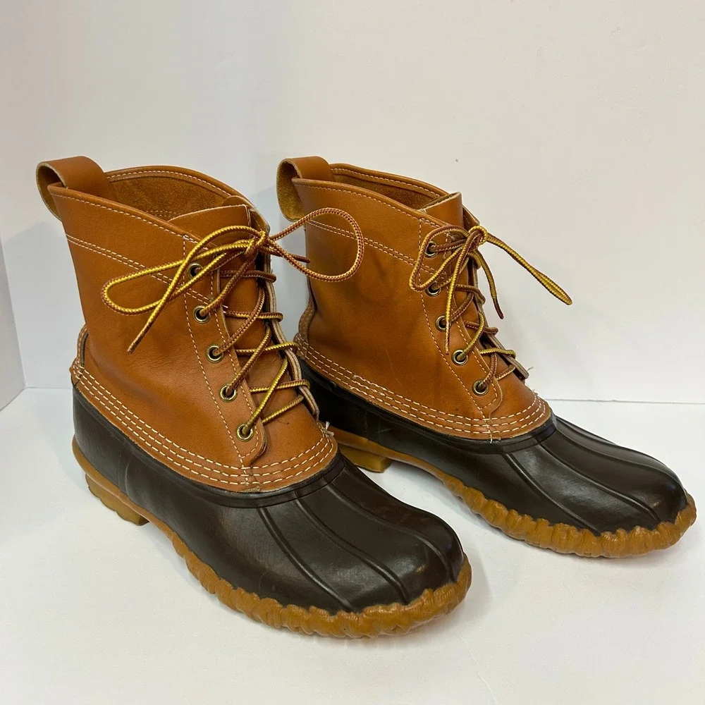 LL Bean Women 8 Inch Bean Boots Tan Brown Leather Duck Boots Made in USA Size 9